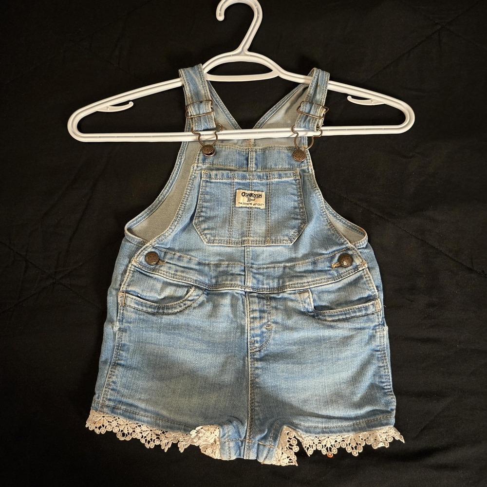 OshKosh B'gosh Overalls Girls 24 Months Blue Denim Lace Trim Shortalls Romper